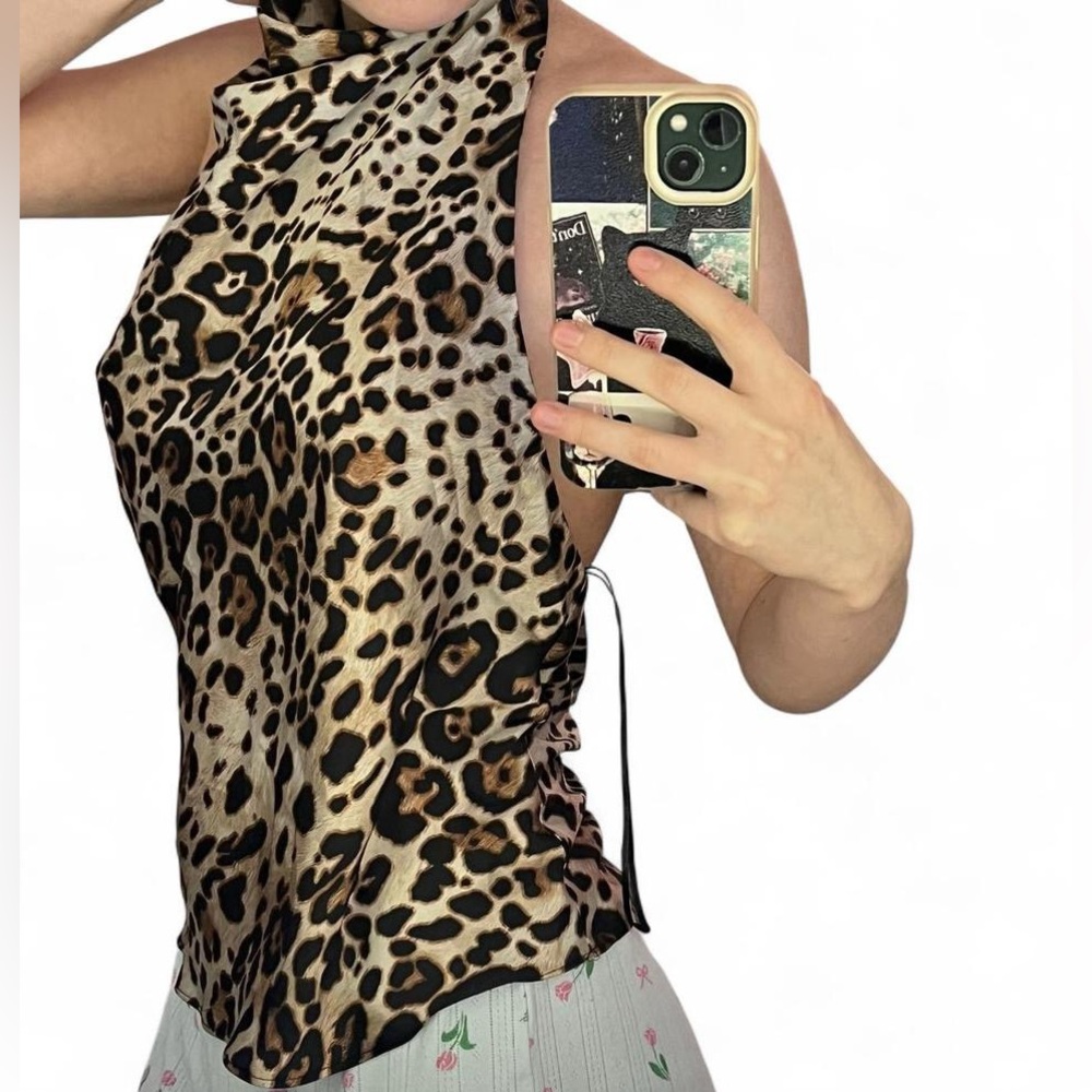 Zara Leopard Print Satin High Neck Camisole